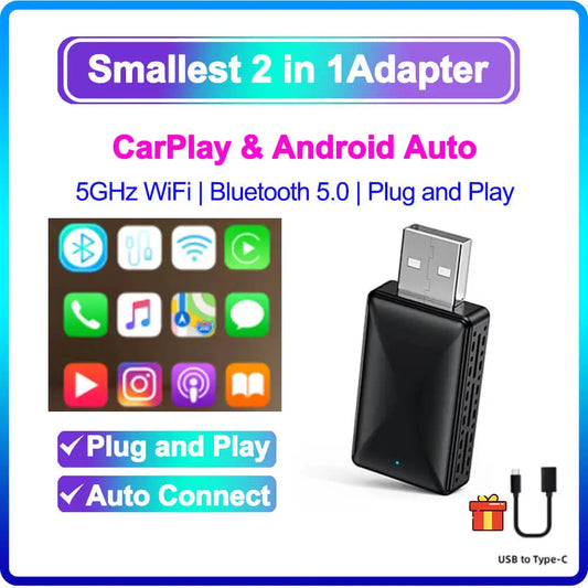 2024 Mini Wireless CarPlay & Android Auto Adapter - Plug & Play Bluetooth WiFi Dongle